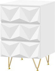 Comodino con 3 Cassetti, Frontale in Rilievo, Tavolino Cassettiera Moderno, 40x40x62,5 cm, Mobile da Letto per Camera da Letto, Soggiorno, in Legno e Metallo, Bianco e Dorato, 0004CTG