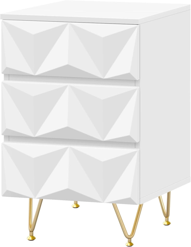 Comodino con 3 Cassetti, Frontale in Rilievo, Tavolino Cassettiera Moderno, 40x40x62,5 cm, Mobile da Letto per Camera da Letto, Soggiorno, in Legno e Metallo, Bianco e Dorato, 0004CTG
