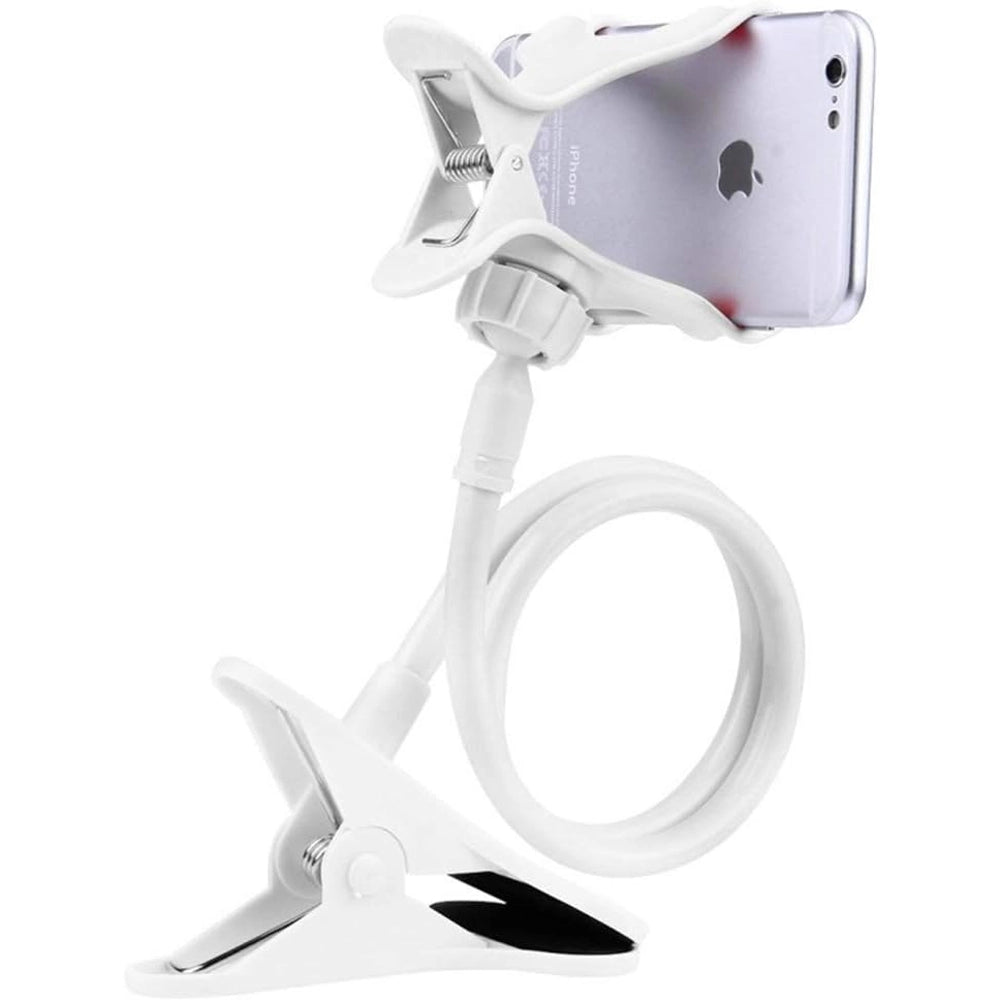 Supporto Porta Smartphone Universale con Pinza Flessibile e Girevole 360 Gradi Bianco