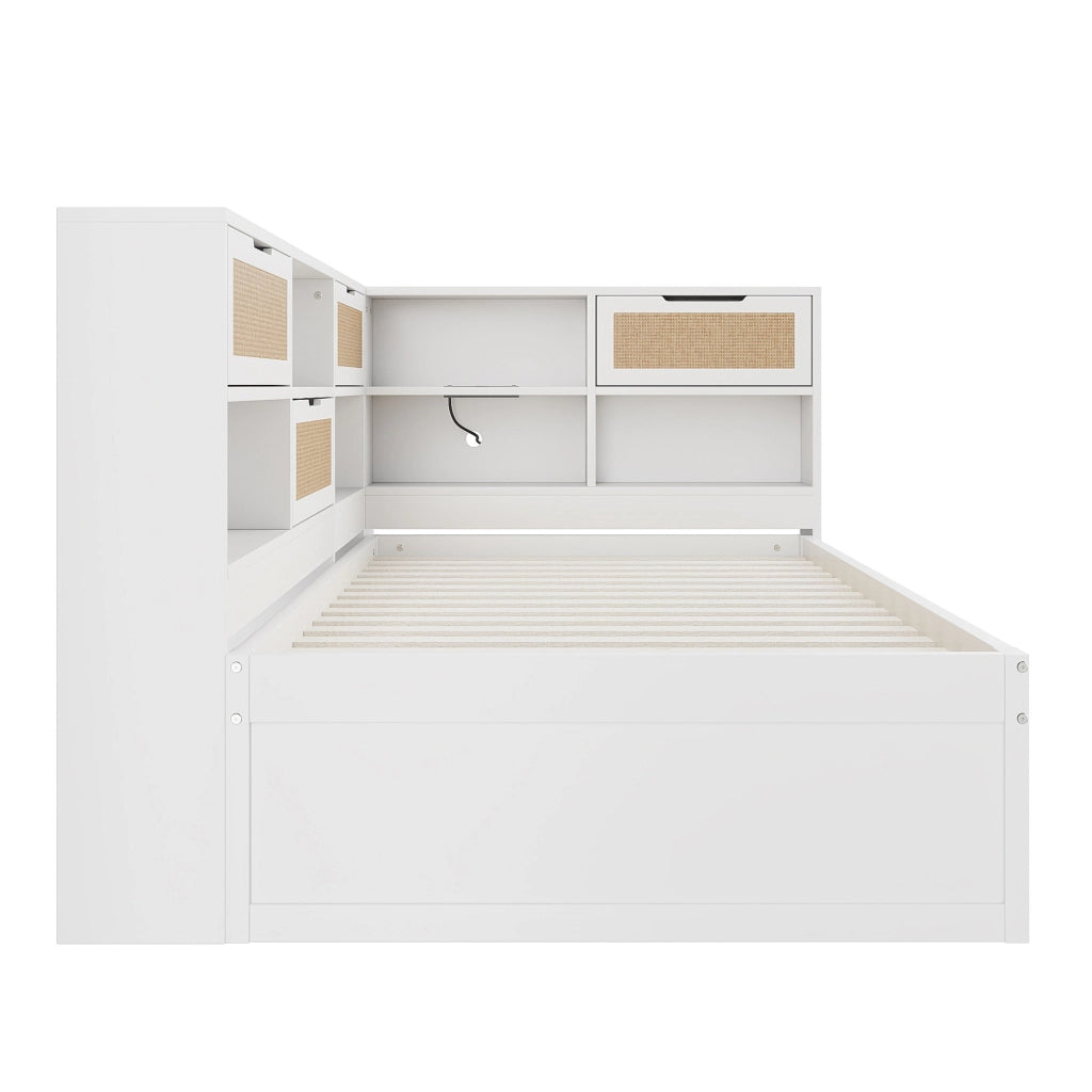 Divano letto singolo con letto estraibile 90x200 cm in legno bianco; prese USB e vani contenitore