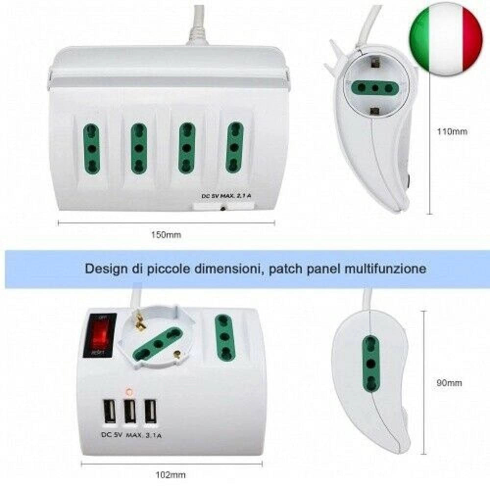 Trade Shop - Multipresa Elettrica Da Scrivania Tavolo Con 3 Presa 3 Usb Bianco Shuko Bipasso -