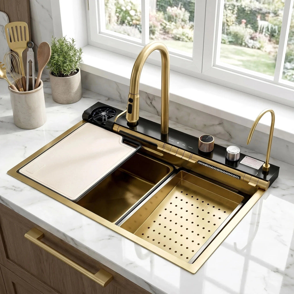 Lavello Multifunzionale In Acciaio 10 In 1 Rea Alonzo Brush Gold