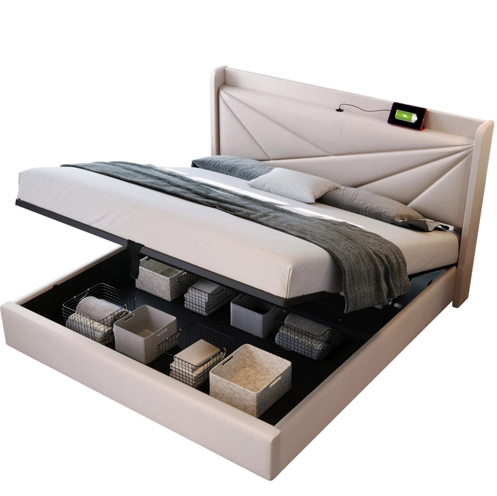 Letto matrimoniale con contenitore 180x200 cm in cotone e lino beige; con USB e Type-C