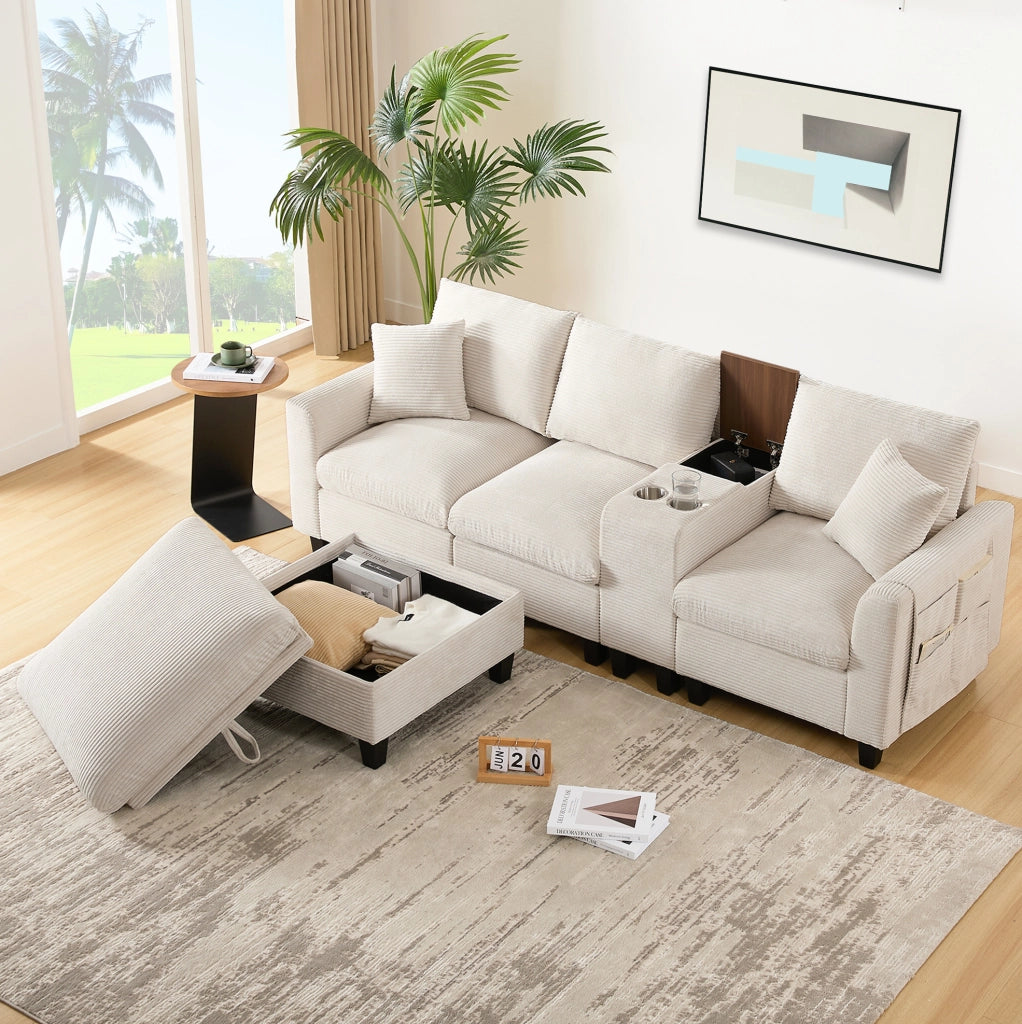 Divano angolare modulare 4 posti in velluto a coste beige con pouf e console USB HOMVRA