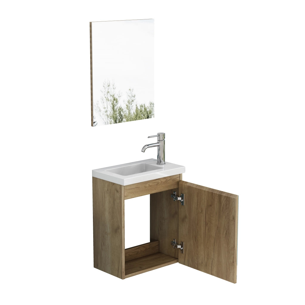 Mobile bagno sospeso con lavabo in ceramica e specchio; chiusura ammortizzata; per bagno; rovere; 45×34×58 cm