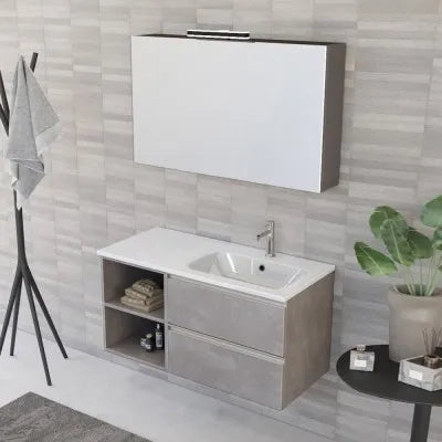 Mobile bagno sospeso 100 cm grigio cemento con cassetti e vani a giorno completo di lavabo a destra e specchio contenitore Master