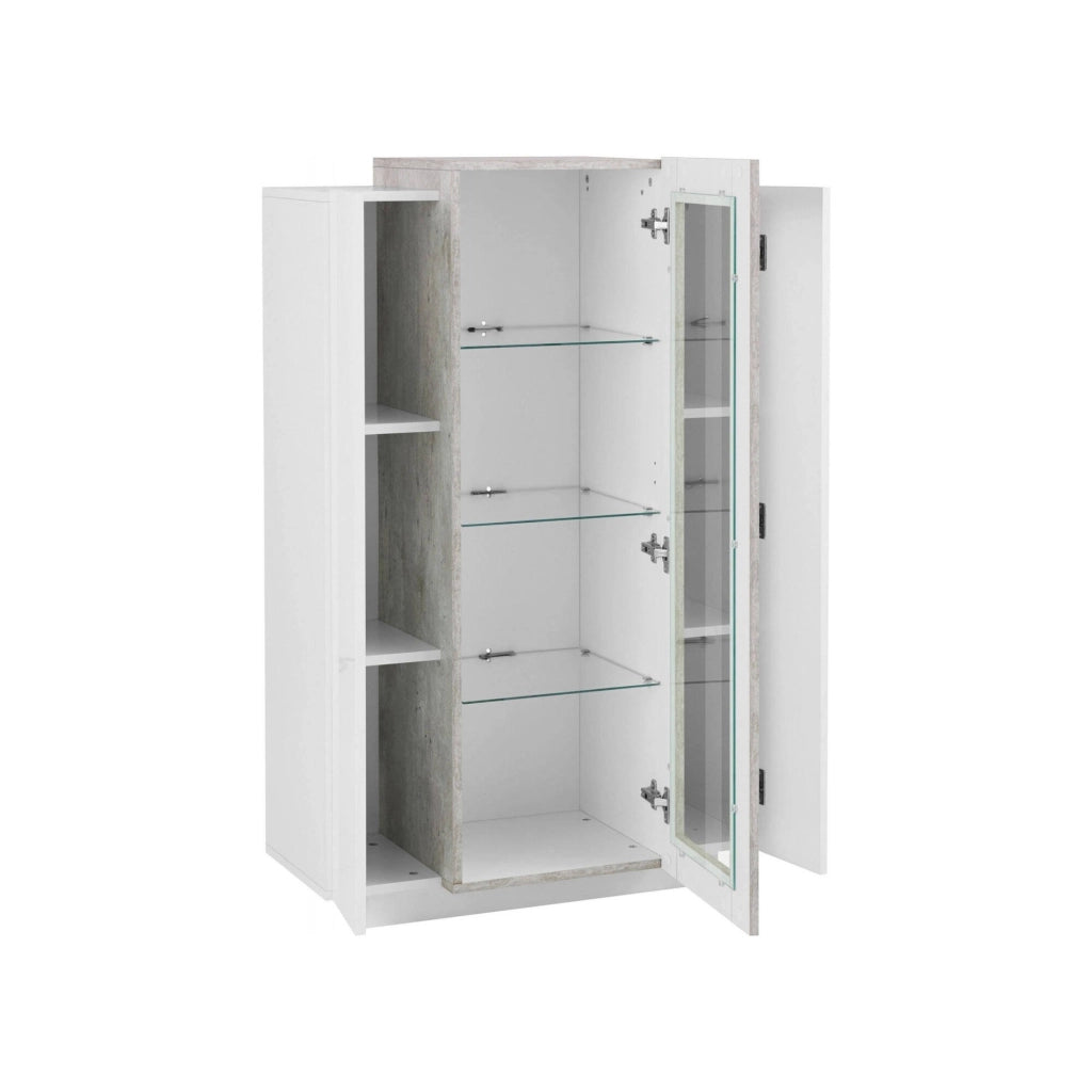 Vetrina moderna con anta a Ablaze, Made in Italy, Mobile vetrinetta da soggiorno, cm 80x38h121, Bianco lucido e Cemento
