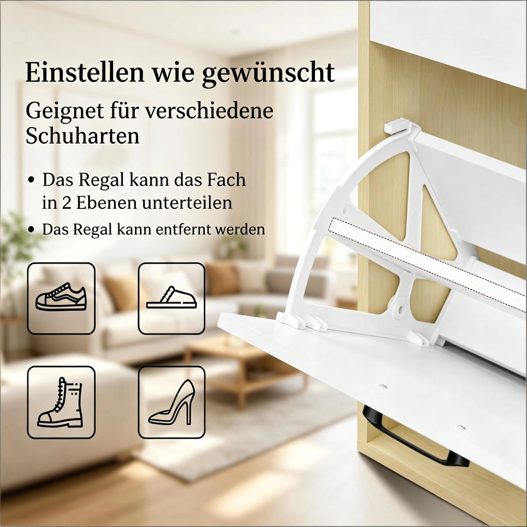 Scarpiera slim con cassetto e 2 ante a ribalta, 3 vani aperti, per ingresso e corridoio, bianco, 80 × 90 × 30 cm