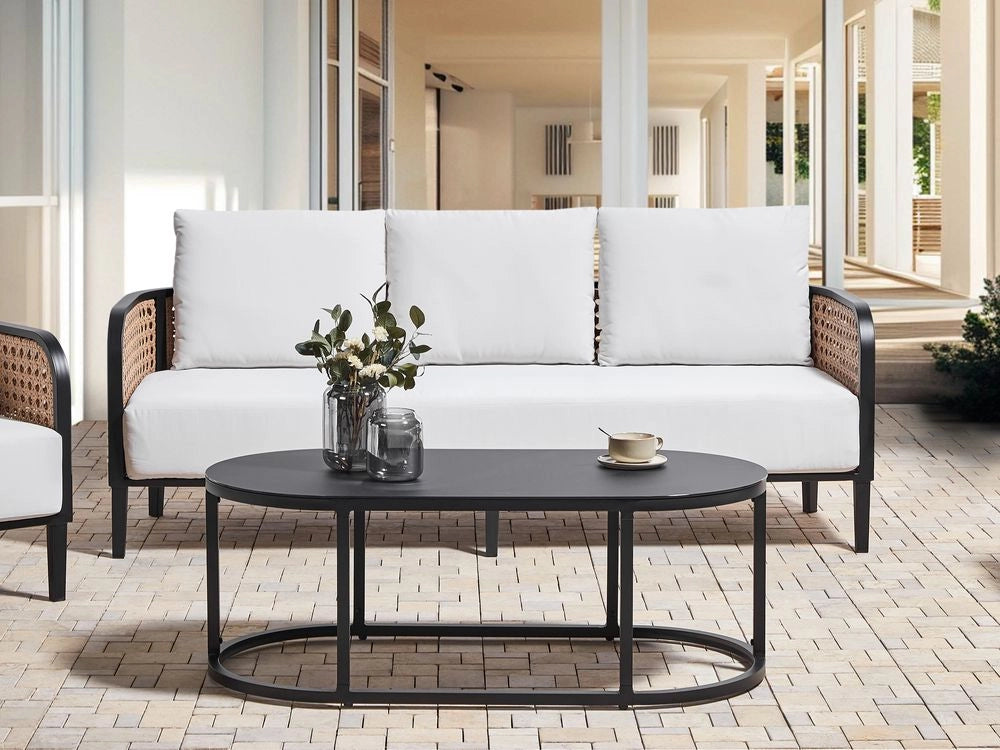 Divano da giardino a 3 posti in metallo e alluminio con spessi cuscini idrorepellenti bianco sporco esterno patio stile moderno