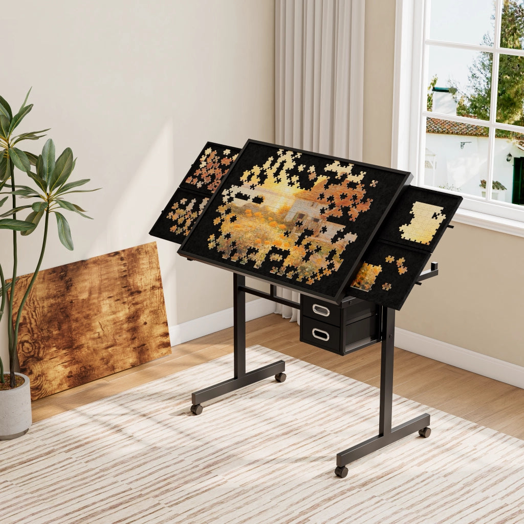 Tavolo per puzzle con 4 cassetti in feltro, coperchio in legno, ruote con freno, per casa, in MDF e metallo, nero