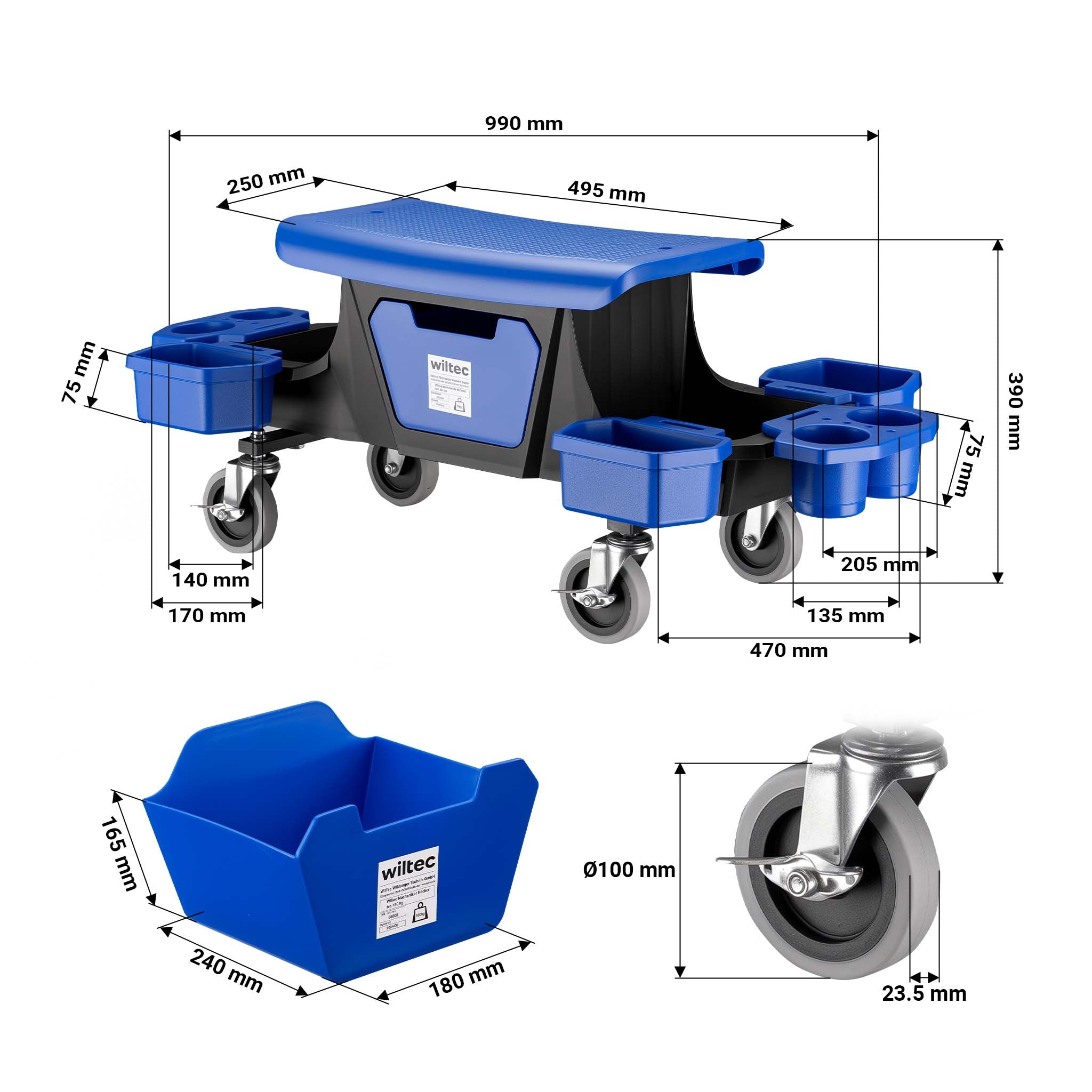 Sgabello da officina con ruote e cassetto per attrezzi, portata 150 kg, 6 scomparti intercambiabili, sgabello da lavoro con ruote