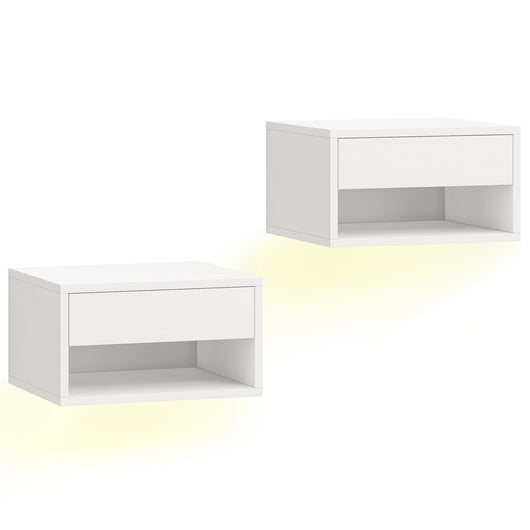 Set 2 Comodini Sospesi 37x32x21 cm con LED RGB Integrati e Regolabili con APP Cassetto e Ripiano Bianco