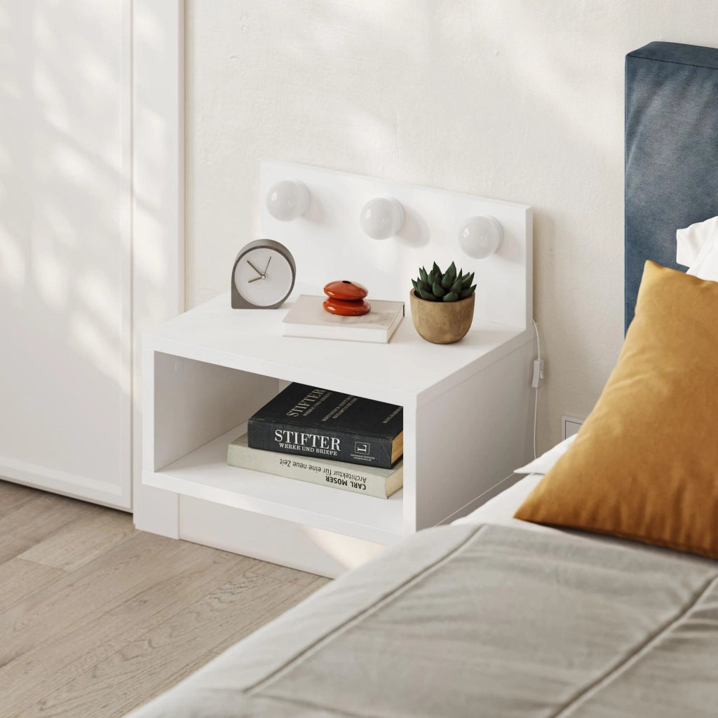 Comodino "Treo" con lampadina in legno - 40 x 30 x 34 cm - Bianco