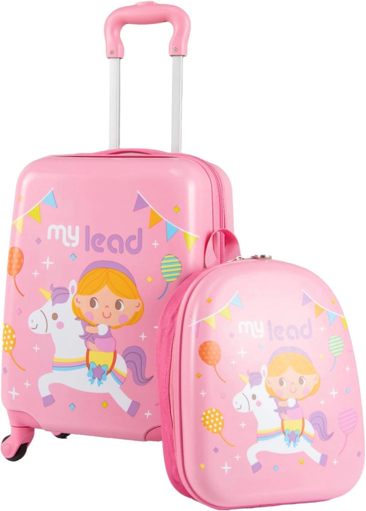 Set di 2 Valigia per Bambini, 17" Valigia+ 13" Zaino, con Ruote Girevoli a 360°, Maniglia Retrattile e Spallacci Regolabili, Ideale per Viaggiare in Modo Comodo e Divertente (Modello 1)
