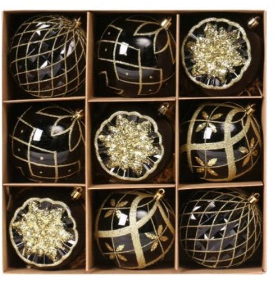 Set di decorazioni natalizie da 9 pezzi, decorazioni classiche di Natale rosse e bianche, decorazioni da appendere per albero di Natale, decorazione natalizia indeformabile per uso interno ed esterno (nero + oro)