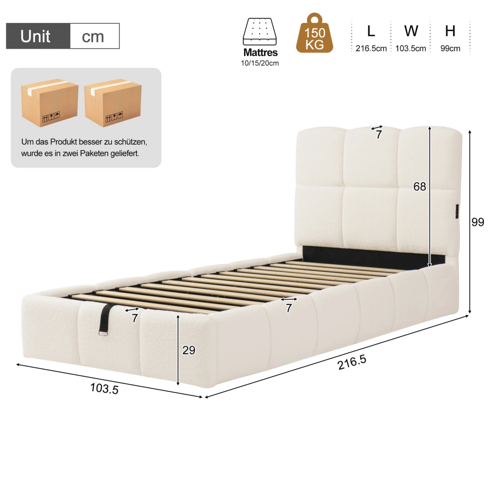 Letto singolo 90x200 cm con contenitore idraulico; USB C; tessuto bouclé beige