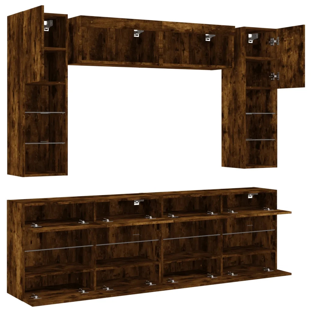 Set Mobili TV a Muro 6 pz con Luci LED Rovere Fumo