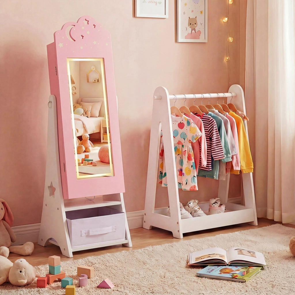 Mobiletto gioielli bambini luci specchio figura intera 4 sensore, Mobiletto portagioielli principessa terra camera sala giochi Rosa