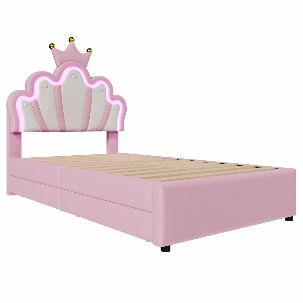 Letto singolo Princess imbottito 90x200cm con 2 cassetti e forma di corona in PU rosa