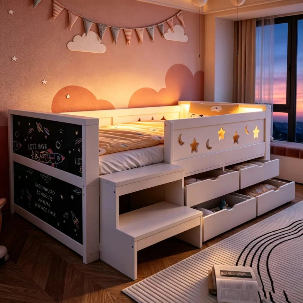 Letto singolo per bambini 90x200 cm con sponde stelle e luna; lavagna; cassetti; gradino e LED; legno bianco