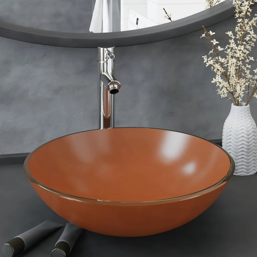 Lavandino con Rubinetto e Piletta in Vetro Temperato Marrone CFW1251217