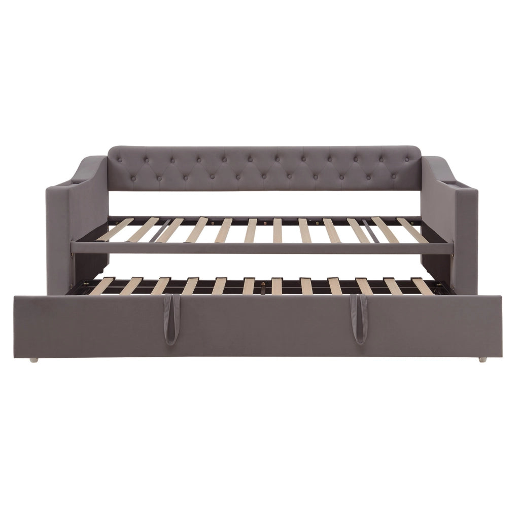 Divano letto imbottito estraibile 90x190 cm in velluto grigio con porte USB e vani contenitore