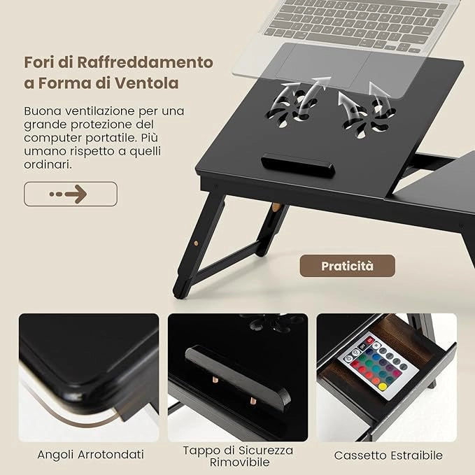 Vassoio per Laptop con Gambe Regolabili e Piano di Dissipazione Termica Inclinabile, Tavolino da Letto Pieghevole con Cassetto Portaoggetti per Leggere, Scrivere e Mangiare (Marrone)