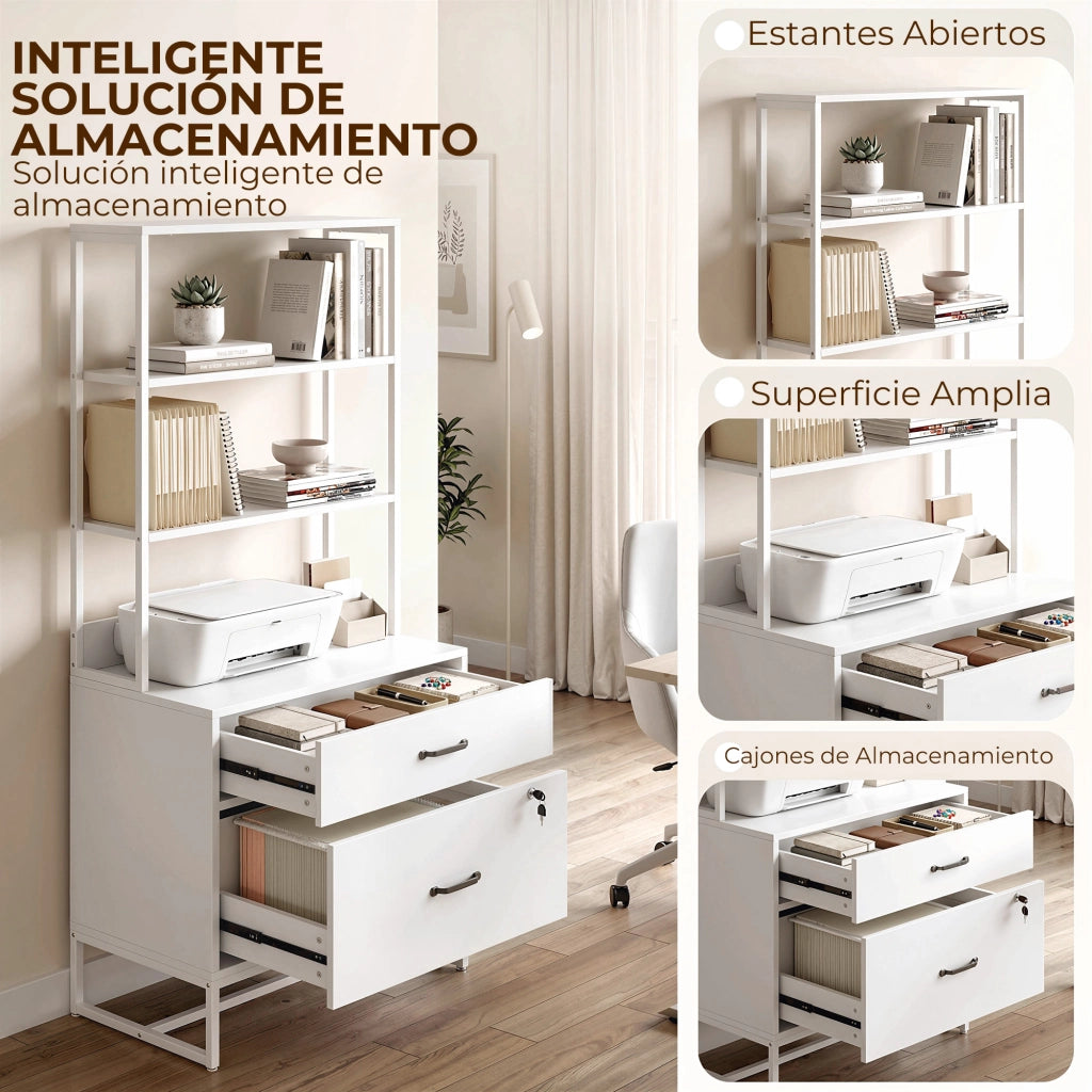 Cassettiera Ufficio con Scaffale 2 Cassetti Piano Stampante Serratura A4 ¨C Xylo ¨C Bianco