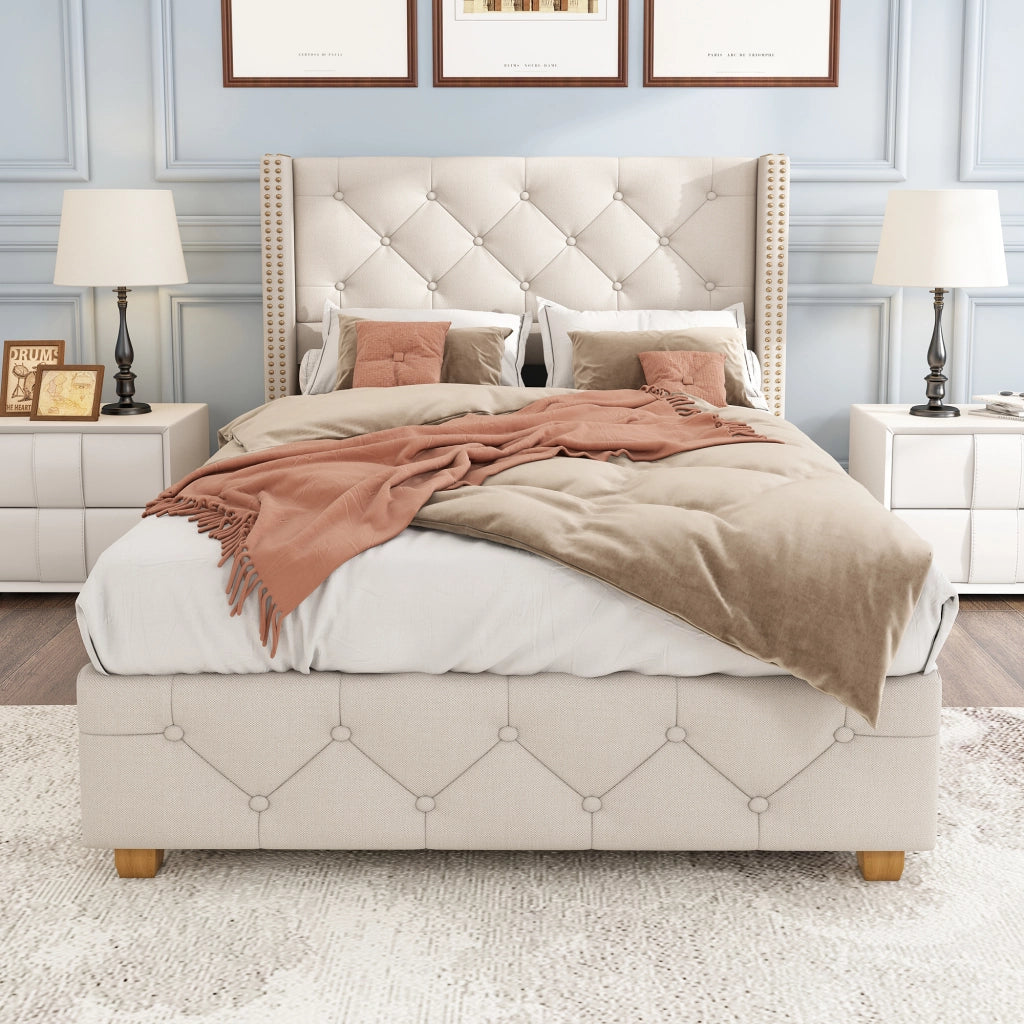 DESMIU Letto singolo 1 posto con testiera imbottita e borchie decorative 90 × 200 cm, senza materasso, beige