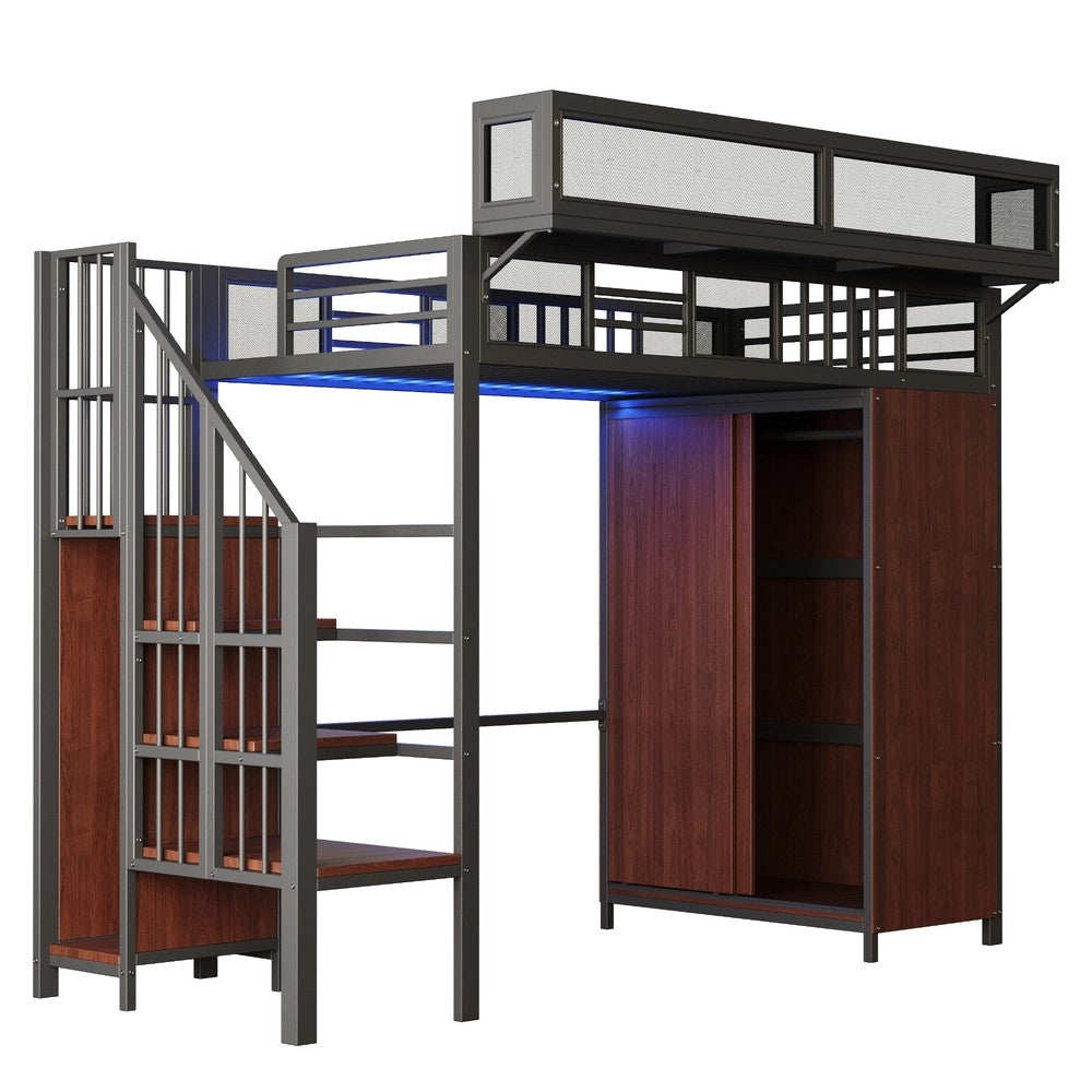Letto a Soppalco con Armadio e LED ¨C MINIMAL ¨C Metallo Nero 90x200