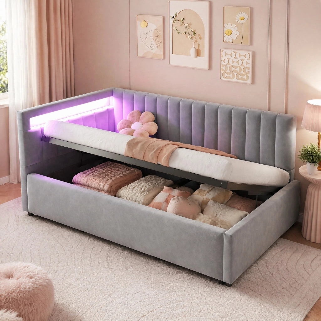 Letto imbottito 90x200 cm con LED, contenitore idraulico, tessuto effetto velluto, grigio chiaro