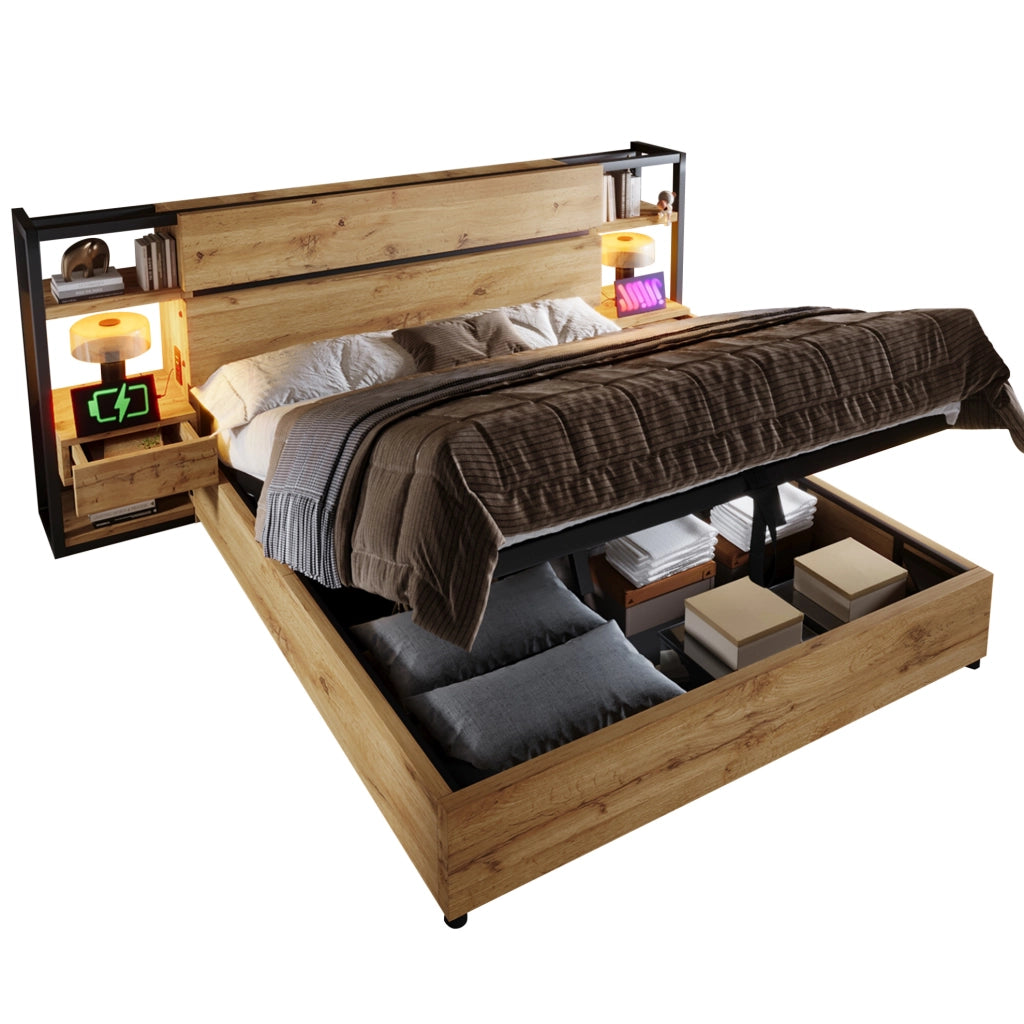 Letto matrimoniale 180x200 cm con contenitore, comodini e ricarica USB/Type-C