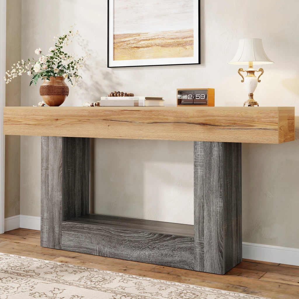 Consolle con ripiano inferiore e struttura a U, in truciolare effetto legno, naturale, 160 × 30 × 82,5 cm