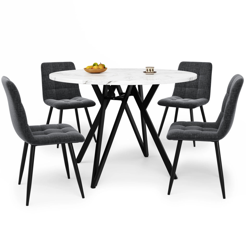 Tavolo da Pranzo Rotondo con 4 Sedie ¨C MINIMAL ¨C Piano Effetto Marmo, Gambe Metallo Nero, 100 cm