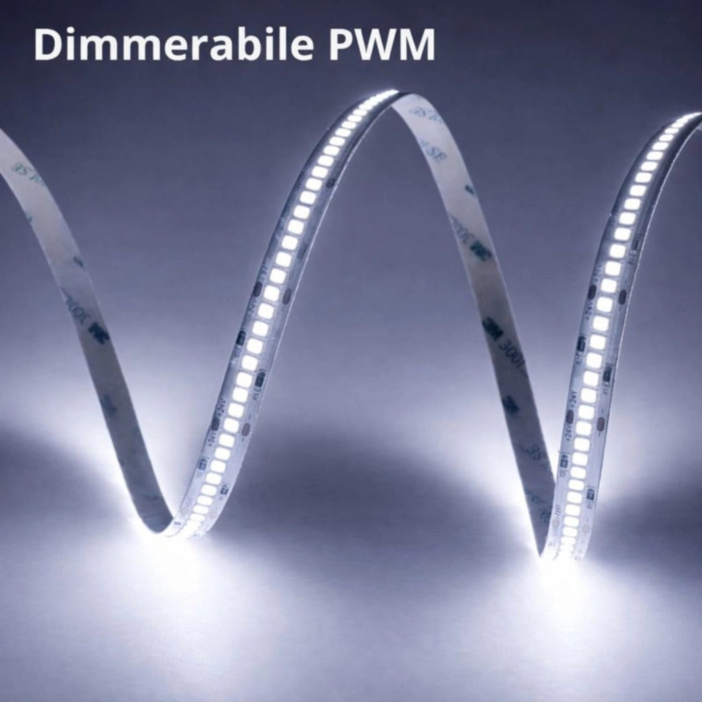 Striscia LED SMD 2835 24V, 5 Metri, Larga 10mm, Freddo 6500K, Super Luminoso 24W/M 4000LM/M 160LM/W 240SMD/M, Dimmerabile PWM, Tagliabile ogni 33mm, IP20, CRI>80