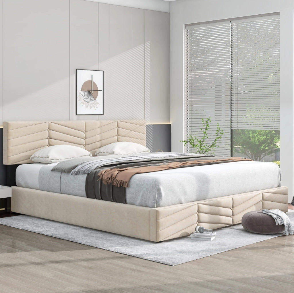 Letto matrimoniale contenitore in velluto beige 160x200 cm