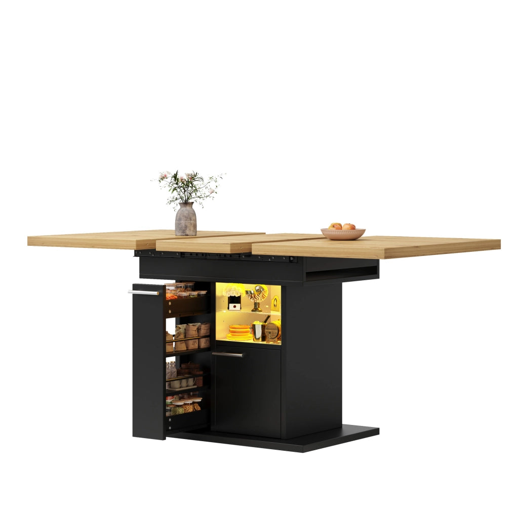 Tavolo da pranzo allungabile 110-140x80x77.2 cm con spazio contenitivo e luci LED in MDF nero