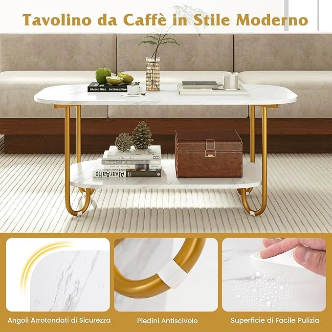 Tavolino da Caffè per Salotto a 2 Livelli, Tavolino Basso Rettangolo con Piano Effetto Marmo, Tavolino da Divano Moderno per Soggiorno,100 x 50 x 45 cm, Bianco e Oro