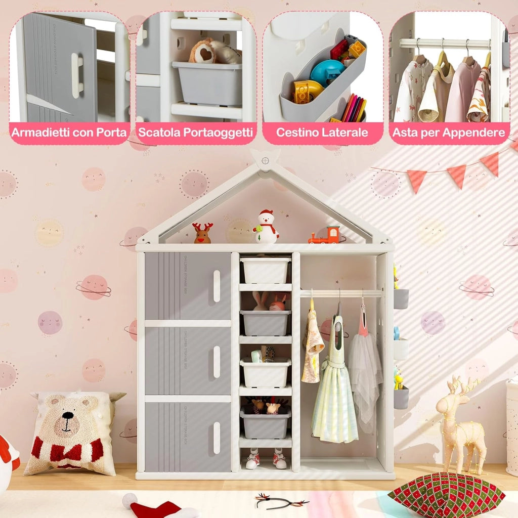 Armadio per Bambini, Organizzatore a Forma di Casa con 1 Lavagna, 3 Armadietti, 4 Cestini, 3 Cubi Chiusi e 3 Cestini Laterali, Armadietto Salvaspazio per Camera da Letto e Soggiorno (Grigio)