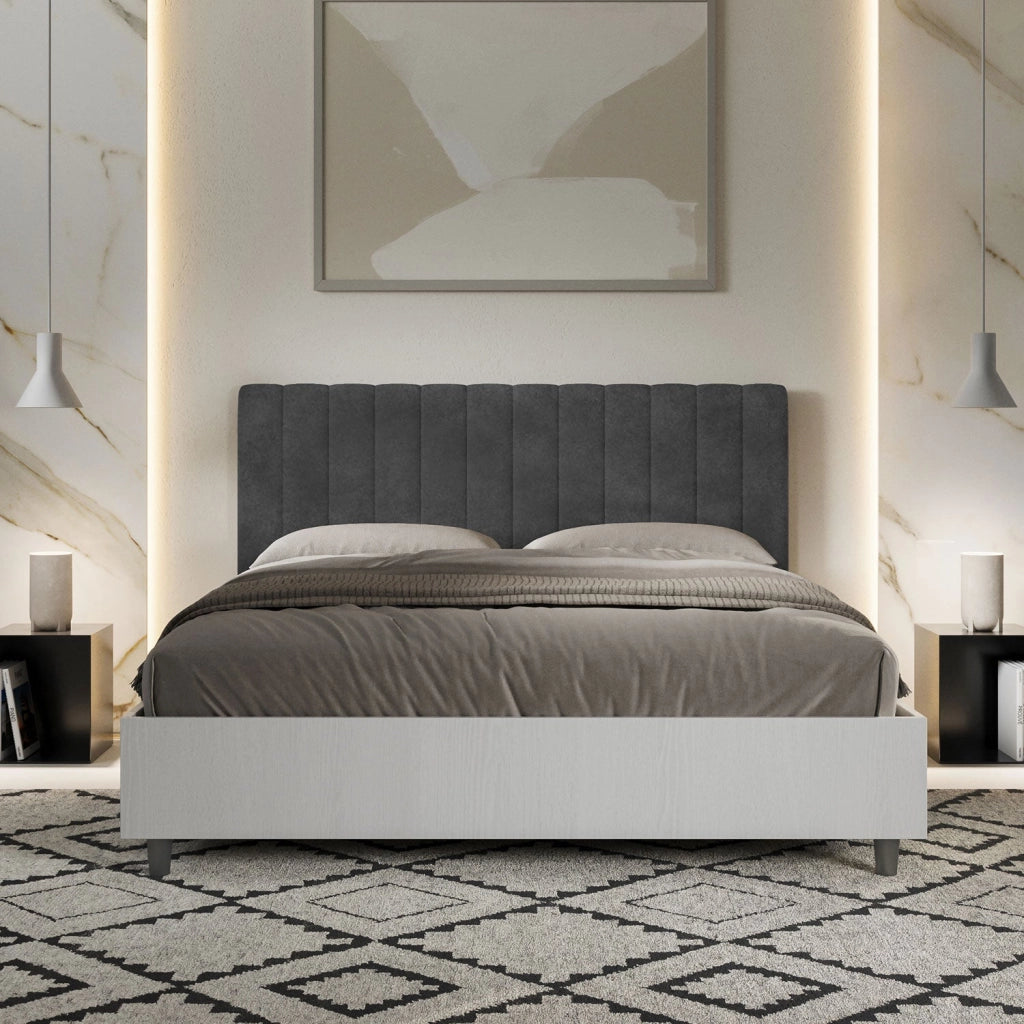 Letto matrimoniale con rete 160x190 bianco frassino testata microfibra grigio Kaia