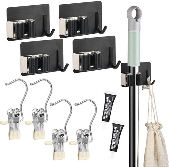 DYMHQ 4 pezzi Mop Halter Supporto per scopa, Sostegno per attrezzi in acciaio inossidabile, Supporto per scopa senza martellare con 4 tenacelle per asciugamani e 2 adesivi, Organizzatore per attrezzi per giardini, garage, sottoscala.