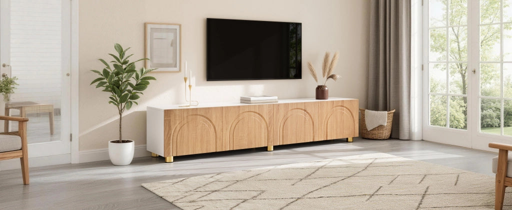 Mobile porta TV con 4 ante e rilievo ad arco, piedi in metallo, per soggiorno, in MDF e truciolare, 180 × 35 × 40 cm