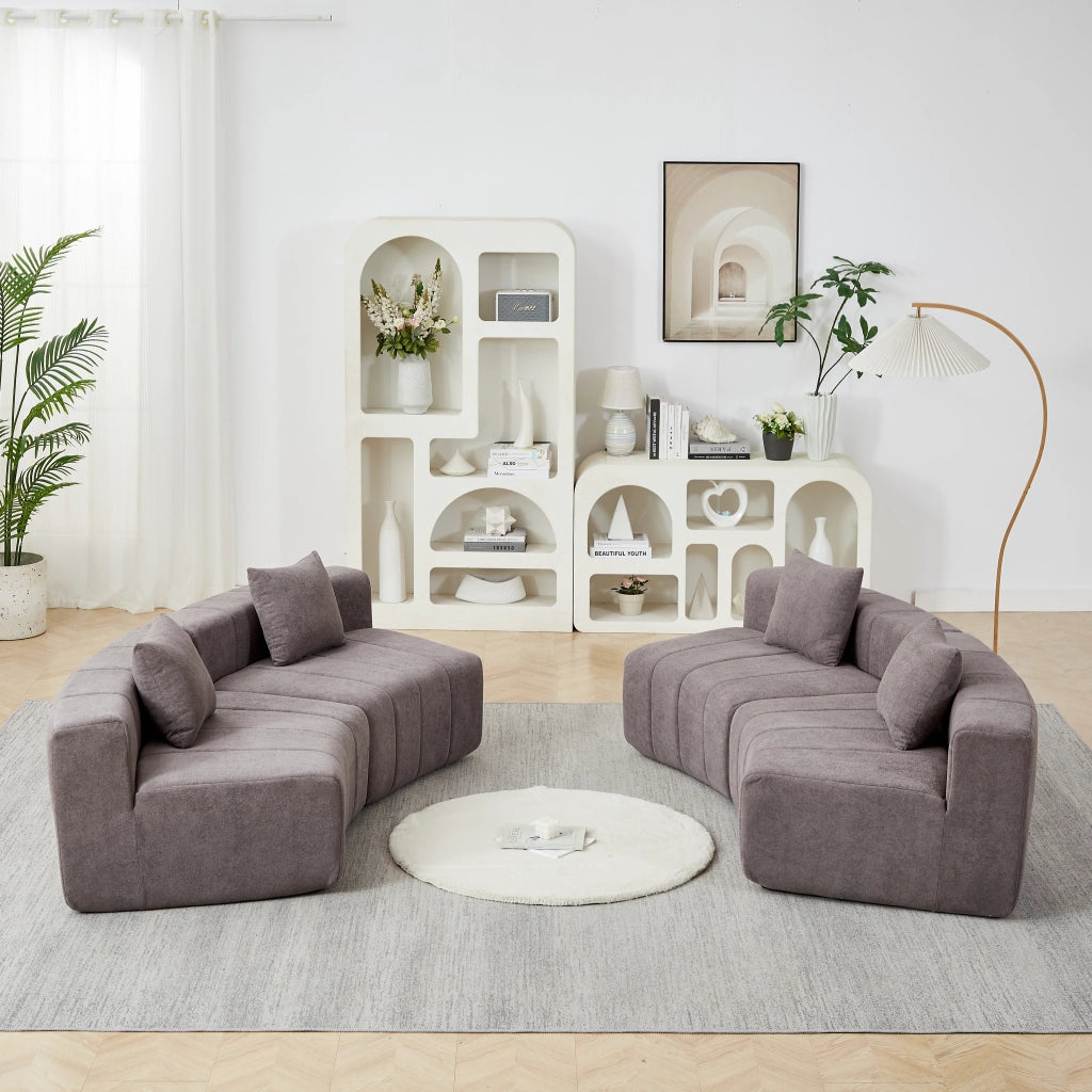 DIVANO Modulare Curvo in Chenille Grigio con 2 cuscini