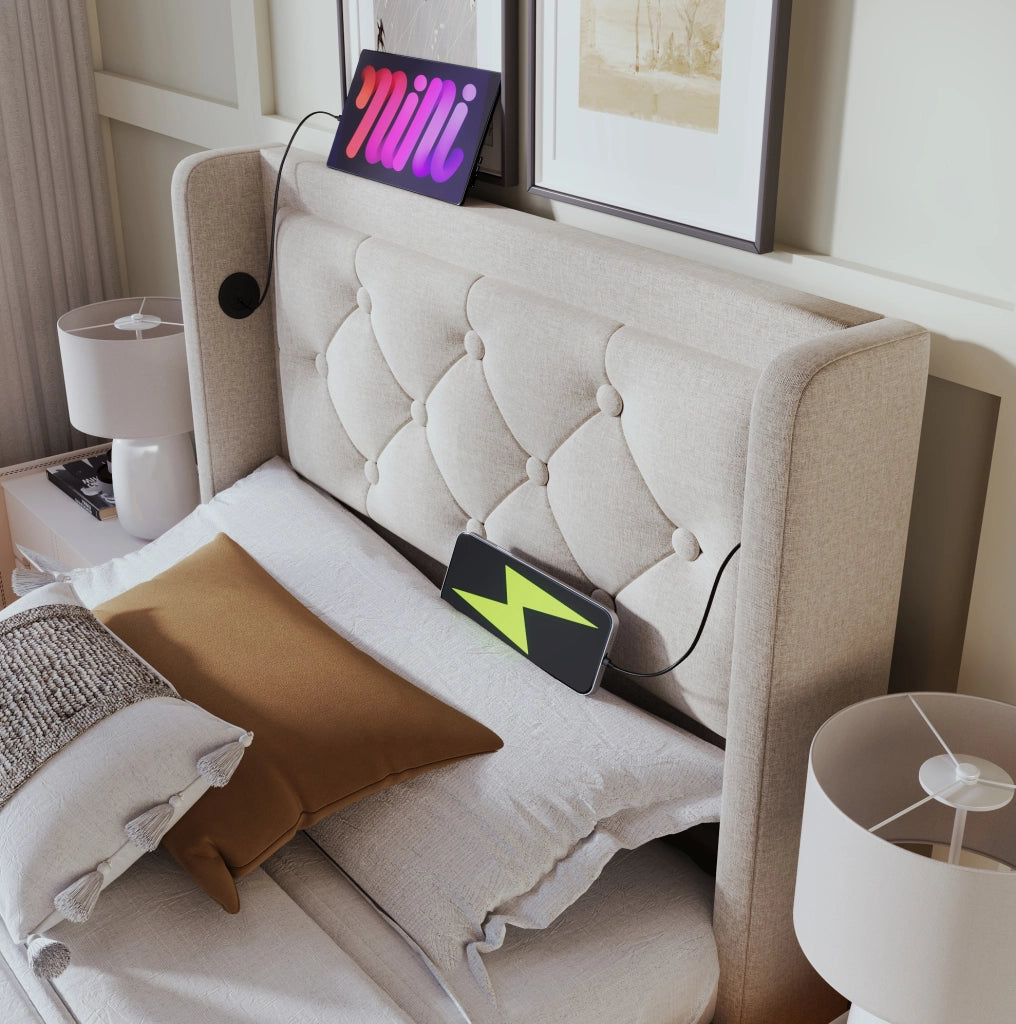 Letto 90x200 cm con contenitore idraulico, LED, USB e USB-C in cotone beige