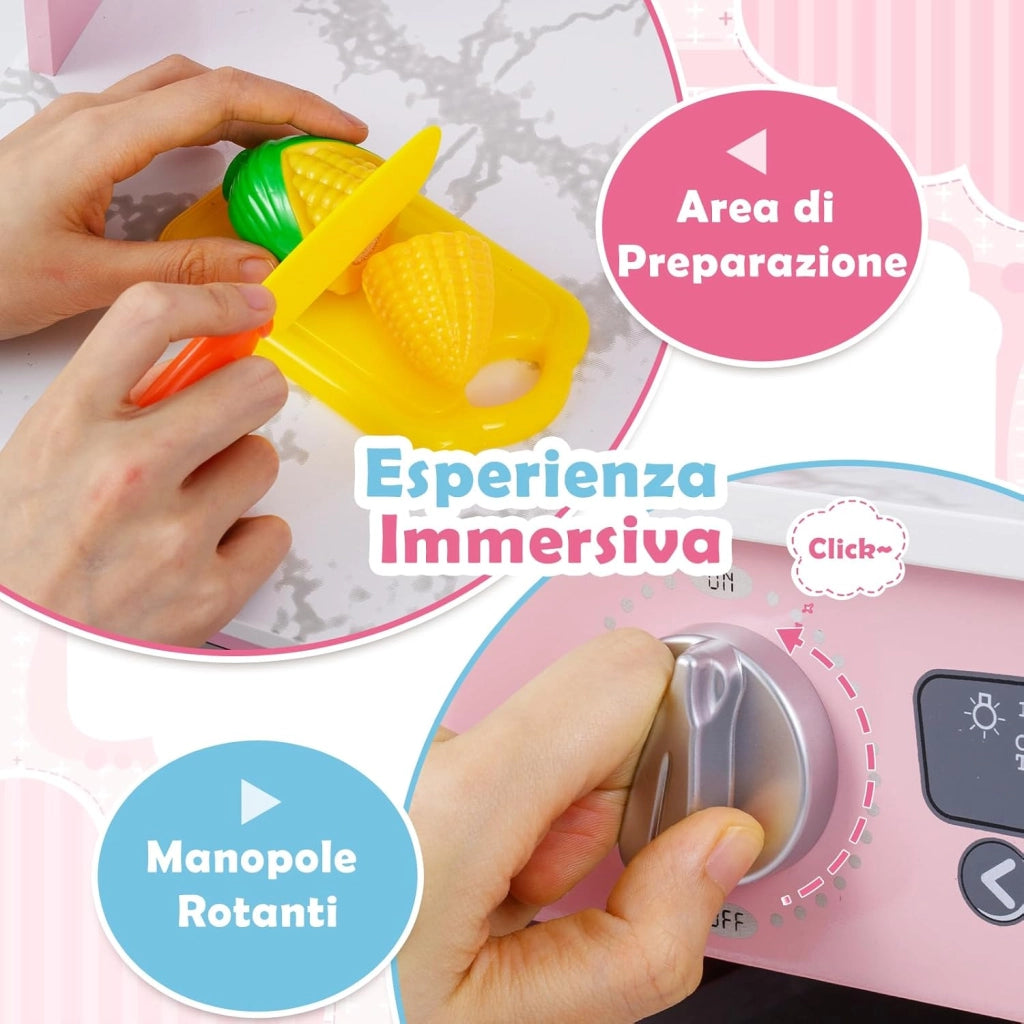 Cucina Giocattolo per Bambini, Set Cucina in Legno con Accessori, Luci e Suoni, Cappa, Fornelli, Microonde e Lavatrice, per Bambini 3+ Anni, 102 x 51 x 85 cm (Rosa)