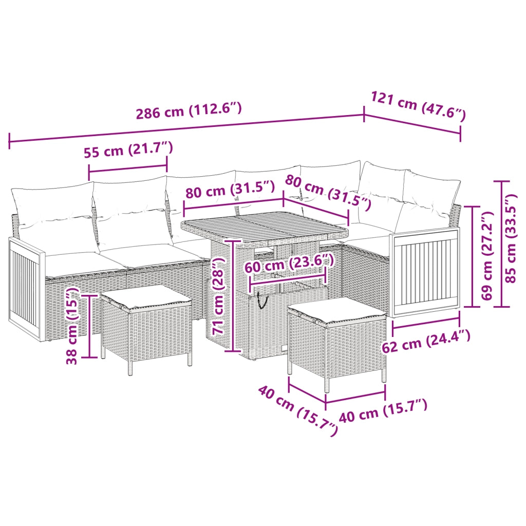 Set di divani da giardino  9 pezzi con cuscini neri in polyrattan e acacia