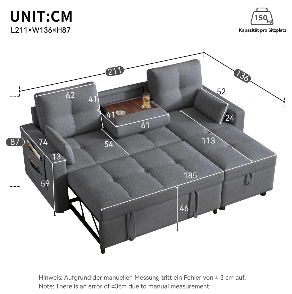 Divano letto angolare 211x136x87 cm modulare; estraibile con contenitore; lino grigio