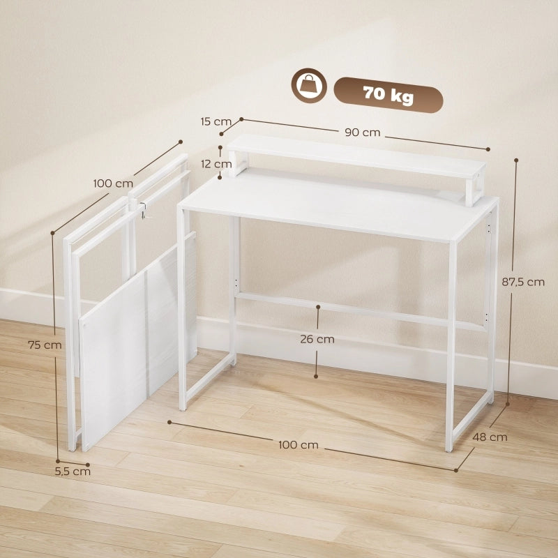 Scrivania pieghevole compatta con supporto monitor, 100 x 48 x 87,5 cm, bianca
