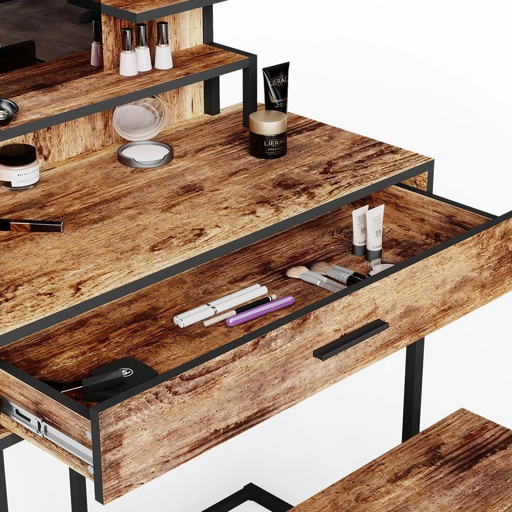 Tavolo da toeletta Fyrk, Legno antico, 80 cm con sedia, adatto come seduta e piano d’appoggio per area trucco