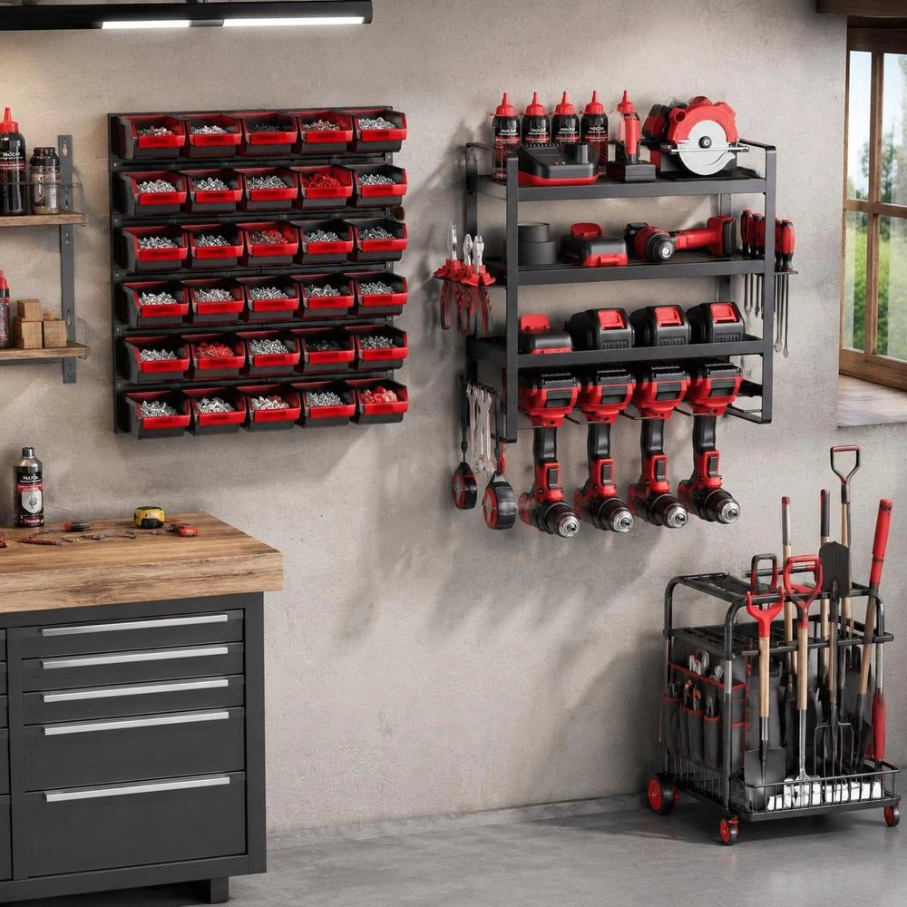 Tool Storage Wall Mount, 4-tier Storage Rack With 4 Drill Bit Holders, Tool Holder With Screwdriver Holder, Garage Tool Organizer For Garage, Workbench & Workshop